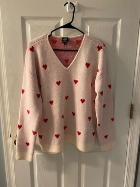 Pink V-Neck Sweater with Red Heart Pattern